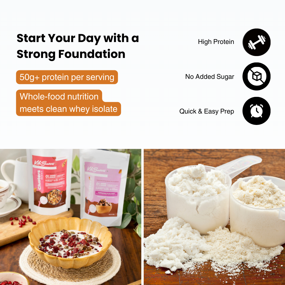 Unflavored Whey Isolate & Raw Cacao Cluster Breakfast Combo | 50g Protein | Zero Sugar