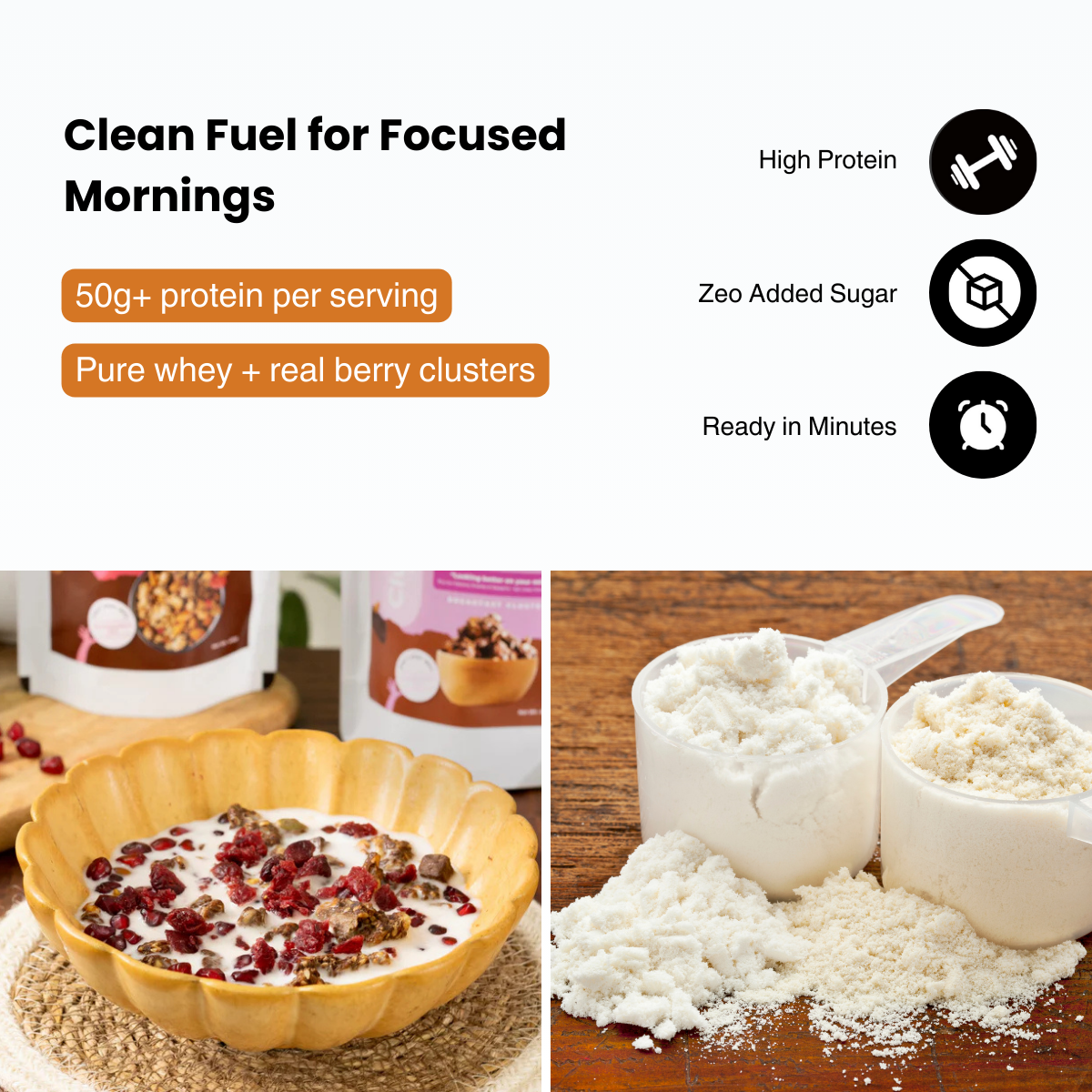 Unflavored Whey Isolate & Berry Cluster Breakfast Combo | 50g Protein | Zero Sugar
