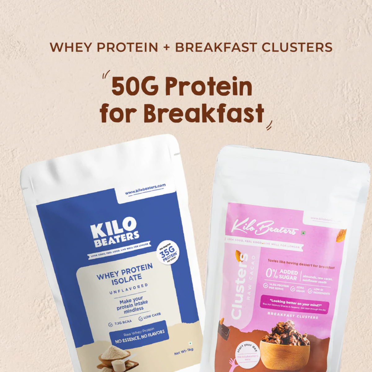 Unflavored Whey Isolate & Raw Cacao Cluster Breakfast Combo | 50g Protein | Zero Sugar